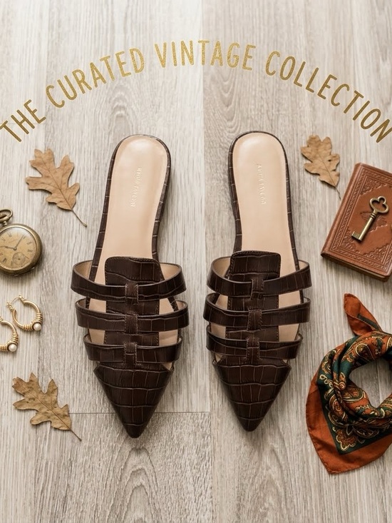 Ann Taylor Shoes - Size 9 Ann Taylor Brown Croc-Embossed Strappy Pointed Shoes Flat Sandal Slip Ons